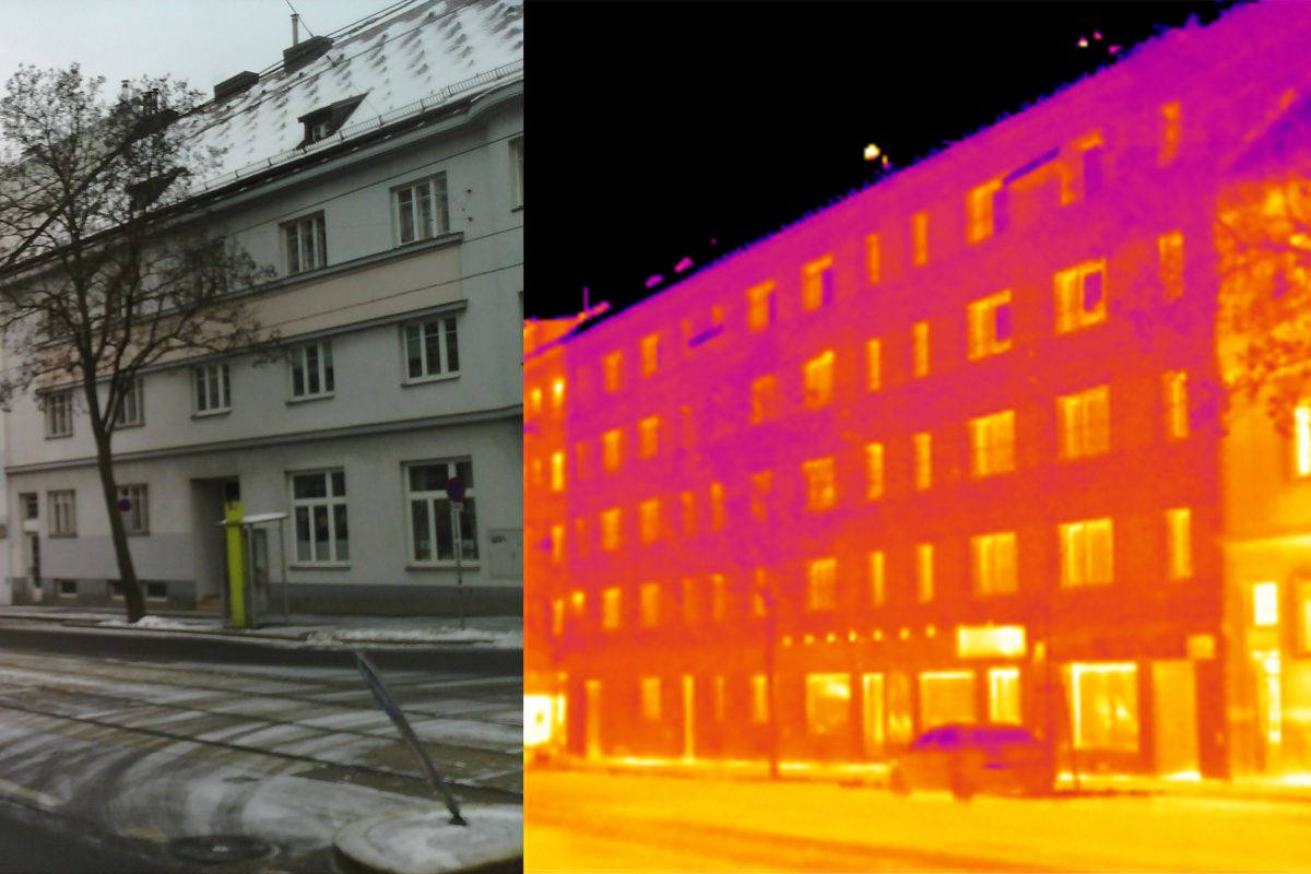 Abbildung 2 Thermographie- und Echtfotoaufnahme. Links saniert. Rechts unsaniert.